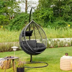 HOME DELUXE - Hängesessel Cielo - Schwarz, Höhe 200 cm - inkl. Gestell, Sitz- und Rückenkissen I Polyrattan Hängestuhl Gartenschaukel Hängekorb