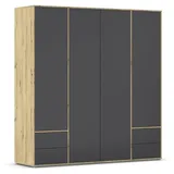 Rauch Möbel Drehtürenschrank Kleiderschrank, Kleiderschränke, Garderobe 4-türig, 4 Schubladen Push-to-Open Farbe grau Eiche Artisan, Schwarz, Holz, 187x194x53cm