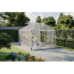 OUTFLEXX Flora Gewächshaus, silber, Aluminium, 430 x 250 x 240 cm, robust, korrosionsbeständig, witterungsbeständig, Spitzdach