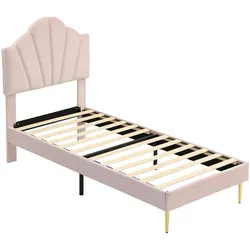 Merax Polsterbett, Samt Einzelbett mit höhenverstellbarem Muschel-Form-Kopfteil 90x200cm, rosa
