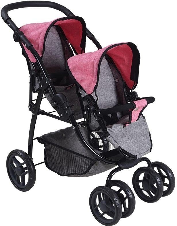 Knorrtoys® Puppen-Zwillingsbuggy Milo - Jeans Grey rosa