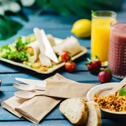 BIOZOYG 100 Stück Einweg-Besteck-Set Partybesteck Biobesteck kompostierbar, Holzbesteck Einwegmesser Einweggabel Einweglöffel und Recycling-Serviette