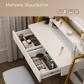 Mondeer Schminktisch mit LED Beleuchtung, und Hocker Kosmetiktisch mit 2 Schubladen - Weiß/Gold