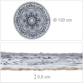 Relaxdays Teppich rund, Boho-Teppich im Mandala-Design, Ø 120 cm, Baumwollteppich mit Fransen, rutschfest, Creme/schwarz