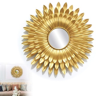 Deko Spiegel Gold Rund Sonne, Kreisspiegel Gold 60cm Wand-Rundspiegel mit Blumen Metallrahmen, Home Decor Badezimmerspiegel, Wohnzimmer Wandspiegel