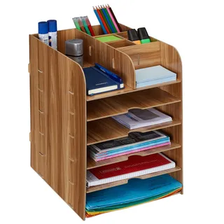 Relaxdays Schreibtisch Organizer mit Dokumentenablage, 12 Fächer, HBT: 34,5 x 25 x 32 cm, Büroorganizer MDF, dunkelbraun
