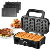 FOHERE 3-in-1-Sandwichmaker mit abnehmbaren Platten (Waffel, Panini, Sandwich), 1200 W, 5 Temperaturstufen, antihaftbeschichtet, leicht zu reinigen schwarz 28 cm x 12 cm