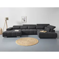 Wohnlandschaft COTTA "Orion U-Form", schwarz, B:409cm H:73cm T:225cm, 100% Polyester, Sofas, mit Kopfteilverstellung & 6 Nierenkissen, Topseller