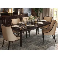 Casa Padrino Luxus Art Deco Esszimmer Set Beige / Dunkelbraun Hochglanz / Silber - 1 Art Deco Esstisch & 6 Art Deco Esszimmerstühle - Art Deco Esszimmer Möbel - Luxus Qualität