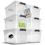 Juskys Aufbewahrungsbox mit Deckel - 6er Set Kunststoff Boxen 45l - Box stapelbar, transparent