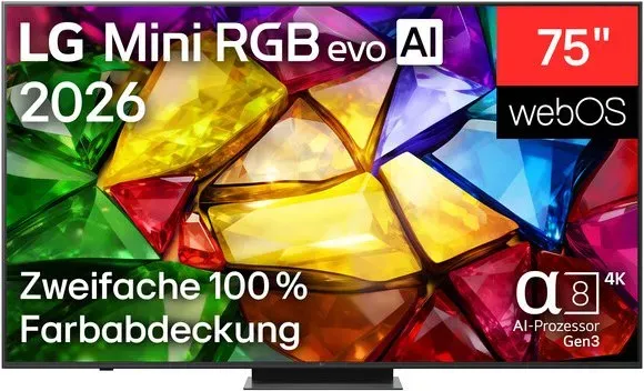 75MRGB86B9ALG 75 Zoll 4K Mini RGB evo AI TV, α8 Gen3 4K AI Prozessor, Dolby Vision & Atmos, 144 Hz, webOS 26