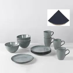 Frühstücks-Geschirrset BROSTE COPENHAGEN "Nordic Sea, inklusive Serviette Wilhemina", blau (soft blau), 16 tlg., Keramik, Geschirr-Sets, Beliebte Geschirr Sets Exclusiv mit Geschenk