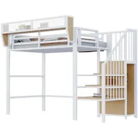 XDOVET Hochbett(Weiß)mit Sicherheitsleiter und flexiblem Staufach, Metallbett Erwachsenenbett Kinder-Etagenbett