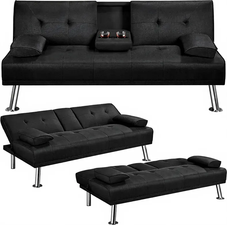 Yaheetech klappbares Schlafsofa mit Schlaffunktion, große Liegefläche 167 cm L × 94 cm B, für Wohnzimmer/Schlafzimmer/Heimkino/Gästezimmer, schwarz