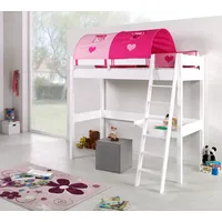 Hochbett RENATE Buche massiv weiß lackiert, mit Schreibtisch und Tunnel