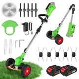 Akku Rasentrimmer Klappbar, 800W Freischneider mit Rädern & 2X 21V Akkus, 4-in-1 Motorsense Rasenkantenschneider, 90° Kopf, Kompatibel mit Makita 18V, Leichter Gartentrimmer für Garten & Unkraut