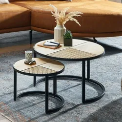 Kadima Design Industrie-Stil Beistelltisch Set, Rattan und Holz, Handgefertigt. 60x60x37 cm