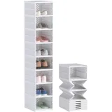 Set Mit 8 Stapelbaren, Faltbaren Schuhboxen Aus Kunststoff Mit Deckel, Für Schuhgrößen Bis 43, Weiß