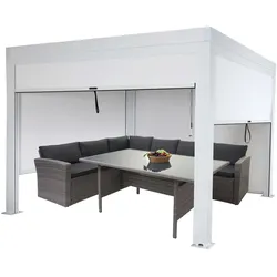 Pergola MCW-L46 mit Seitenwand, Gartenpavillon Lamellen-Pavillon Rollo, 11cm-Alu-Gestell, sturmfest 3x3m ~ weiß