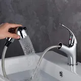 GAVAER Waschtischarmatur, Hoch Badarmatur Bad, Wasserhahn Bad Wasserhahn, Einhand-Waschtischbatterie mit Herausziehbarer Dual-Spülbrause, Kaltes und Heißes Wasser Vorhanden