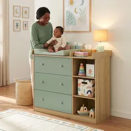 [en.casa] Wickelkommode Beldinupp mit abnehmbarer Wickelaufsatz 93 x 110 x 55 cm Eicheoptik / Grün