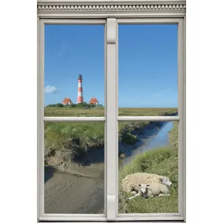 queence Wandsticker Schafe und Leuchtturm, Wandsticker, Wandbild, selbstklebend, 3D, Fenster grün