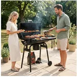 TLGREEN Holzkohlegrill BBQ Smoker mit Schornstein & Thermometer, Gartengrill mit abnehmbarem Aschekasten, klappbaren Ablagen und Rädern, Grillwagen, Holzkohle Grill für Garten, Terrasse, Camping, Grillpartys für 6–8 Personen schwarz
