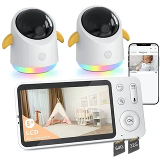 BOIFUN Video-Babyphone Babyphone mit 2 Kameras 2K/3MP, 5 Zoll WiFi Video Babyphone PTZ 355°, R Nachtsicht, Nachtlicht, Schlaflieder,Temperaturanzeige, 1-tlg., unterstützt Mobile App Steuerung,4×Zoom, Weinen/Bewegungs/Geräuscherkennung, Temperaturerkennun