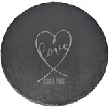 Herz & Heim® Personalisierte Servierplatte rund mit Gravur – Ø 35,5 cm Schieferplatte – Motiv wählbar – Geschenk zur Hochzeit, Geburtstag, Einweihung (Love)