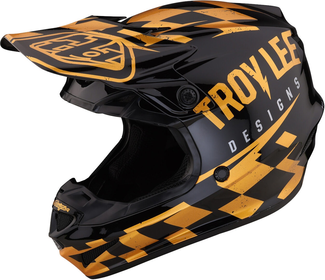 Troy Lee Designs SE4 Polyacrylite Race Shop MIPS Motorcross Helm, zwart-goud, 2XL