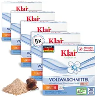 Klar Vollwaschmittel Pulver Sensitive 5x1,1kg - 100 Ladungen - Allergiker Waschpulver ohne Duft - Bio Waschmittel Pulver mit natürlichem Waschnuss Extrakt - VEGAN & Enzymfrei
