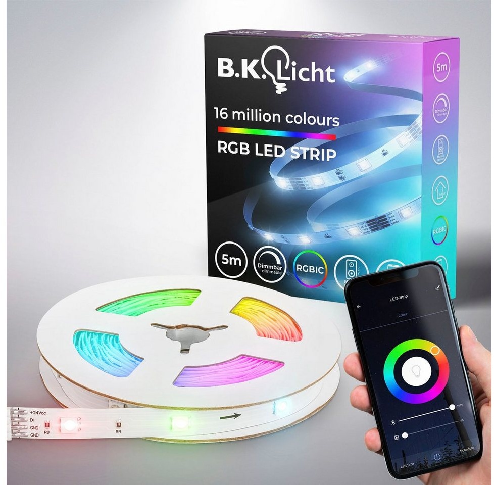 B.K.Licht LED-Streifen Wifi RGBIC, 150-flammig, Lichtleiste, mit Musiksensor, smartes LED Band, Selbstklebend weiß