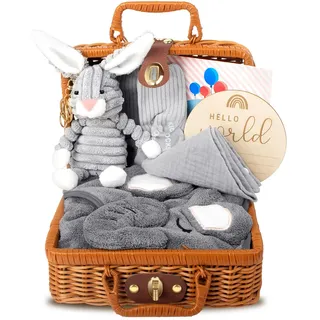 Gobesty Neugeborenen Geschenkkorb, Baby Geschenke zur Geburt, 7 in 1 Baby Geschenkset Geburt mit Babydecken, Baby Dreieckstuch, Plüschtiere, Grußkarten, Geburtskarten, Socken, Geschenkboxen Körbe