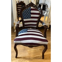 Casa Padrino Barock Esszimmer Stuhl mit Armlehnen USA Design / Dunkelbraun - Handgefertigter Antik Stil Stuhl mit USA Flagge - Esszimmer Möbel im Barockstil - Barock Möbel