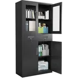 Aktenschrank, Mehrzweckschrank Metallschrank, Büroschrank Stahlschrank Lagerschrank Werkstattschrank mit Glastüren 2 Schubladen 2 Verstellbaren Einlegeböden Abschließba Büromöbel 35.4X15.8X70.9 In