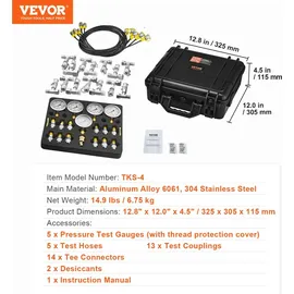 Vevor Hydraulikdruck-Testkit, 10/100/250/400/600 bar, 5 Messgeräte, 13 Kupplungen, 14 T-Anschlüsse, 5 Testschläuche, Bagger-Hydraulik-Testmanometer-Set mit Tragetasche für Bagger-Traktoren-Maschinen