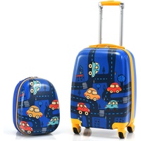 DREAMADE Kinderkoffer Jungen mit Rucksack 18"+12", 2 TLG. Kinderkoffer Set, Kindergepäck Trolley, Kindertrolley Jungen & Mädchen, Reisetrolley mit Rollen (Dunkelblau-Auto, 18 Zoll + 12 Zoll)