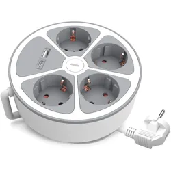 Runde Steckdosenleiste 4x Schuko-Steckdosen 2m USB-A & USB-C mit Schalter Plastrol