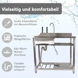 Lemodo Spültisch freistehend, Wasserhahn mit Kalt Warm Anschluss, Spülbecken Größe L - Silber