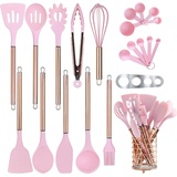 Arquiel Küchenhelfer Set Silikon, 22-teiliges Küchenutensilien Set mit Edelstahlgriff, Kochgeschirr Set mit Utensilienhalter, Messlöffelsets Küchenset (Rosa und Gold)