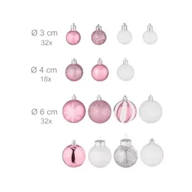 Relaxdays Weihnachtskugeln 101er Set, Kunststoff, Weihnachtsbaumdeko mit Kugeln & Spitze, Christbaumschmuck, rosa/weiß