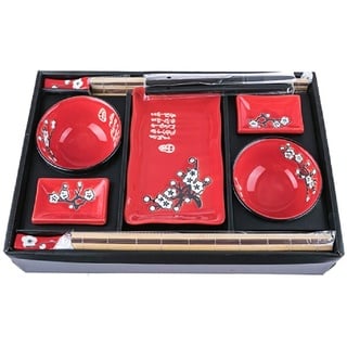 lachineuse - Rotes Sushi Geschirr - Japanisches Sushi-Set - Traditionelles Sushi Teller - Reisschalen, Teller, Essstäbchen & Saucieren für 2 Personen - Geschenk Japan - Asiatische Tischdekoration