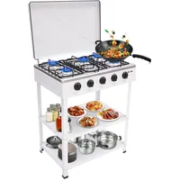 Gaskochfeld 5 Flammig, Freistehender Gaskocher mit Deckel und 2 Regalen, 2,5 KW Gasherd Tragbarer Erdgasherd, für Camping Wohnmobil, 64x44.5x82cm, Weiß