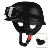 RQTEUYE Deutsche Motorrad Halbhelme, Retro Leder Halbschalenhelm, Vintage Jethelm ECE-Zertifizierung Chopper Helm mit Schutzbrille für Mopeds Cruiser mit Schnellverschlussschnallen