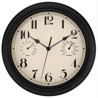 Foxtop Wanduhr Outdoor Wetterfest Gartenuhr Uhr für Draußen Wetterfest mit Thermometer und Hygrometer Gartenuhr Wanduhr Ohne Tickgeräusche Lautlos Retro 30cm