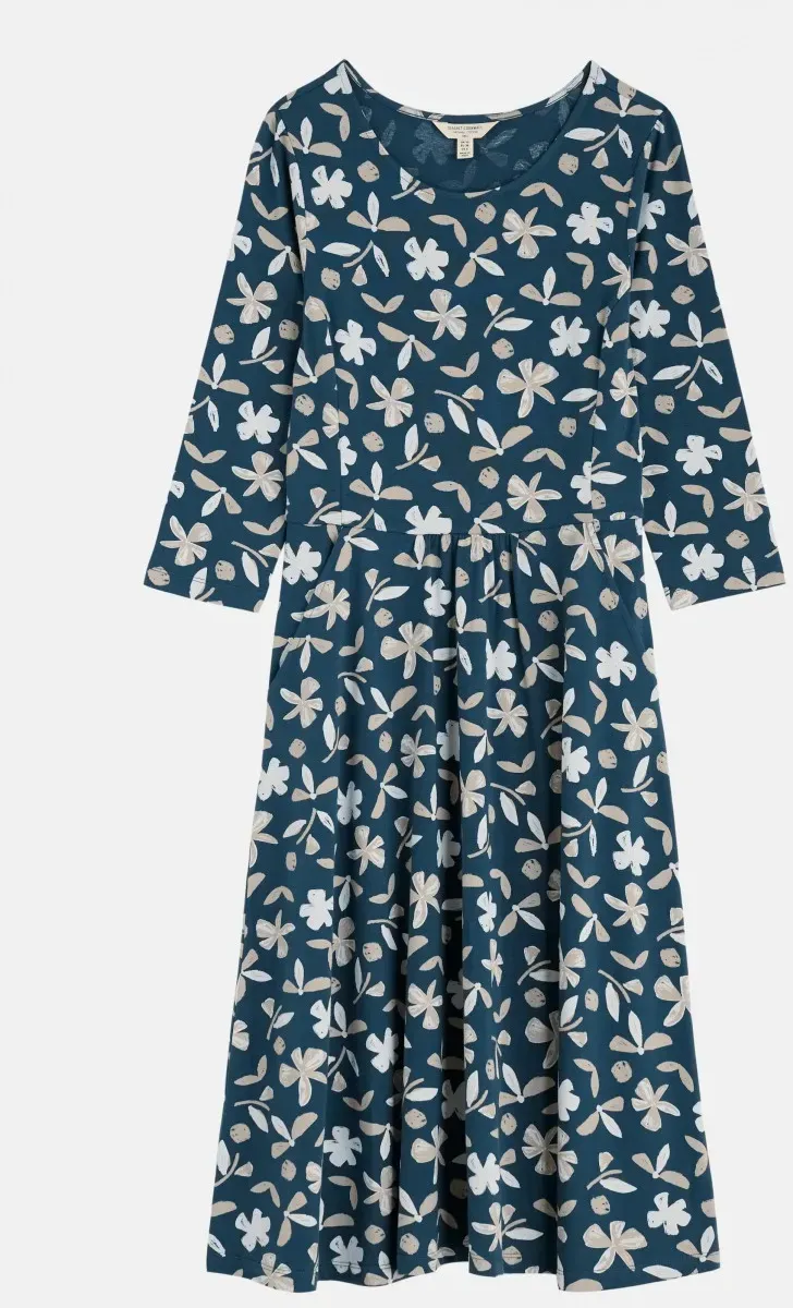 Seasalt Cornwall Kleid April Dress Organic Damen Petrol Beige Blätter und Blüten