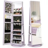 COSTWAY Schmuckschrank mit Ganzkörperspiegel & LED stehend, drehbar, abschließbar lila