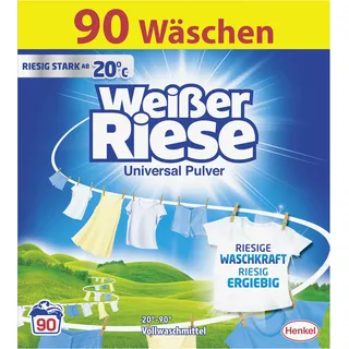 Weißer Riese Universal Pulver (90 Waschladungen), Vollwaschmittel mit riesiger Waschkraft schon ab 20° C, riesig ergiebiges Waschpulver, ideal für Familien mit Kindern
