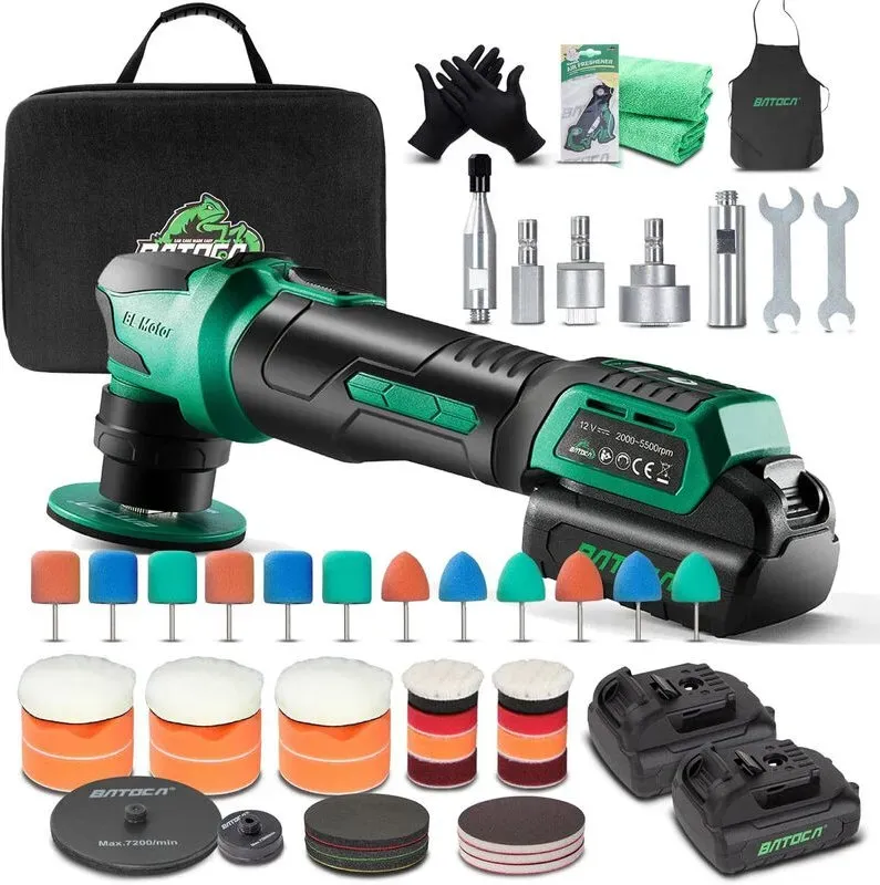 BATOCA S4 professionelle Mini-Poliermaschine mit Akku, Rotation und Orbital-Polieren, 25 mm/75 mm Backplatte, bürstenloser Motor, Auto-Polier-Set für Details, 2 12 V 2,5 Ah Akkus, 4 Geschwindigkeitsstufen