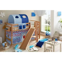 TiCAA Hochbett mit Rutsche Podestbett "Tino" Buche Natur Motiv, teilbar mit Farbauswahl